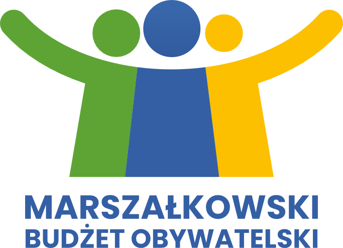 Logo Marszałkowskiego Budżetu Obywatelskiego przedstawiające trzy stylizowane postacie w kolorach zielonym, niebieskim i żółtym.