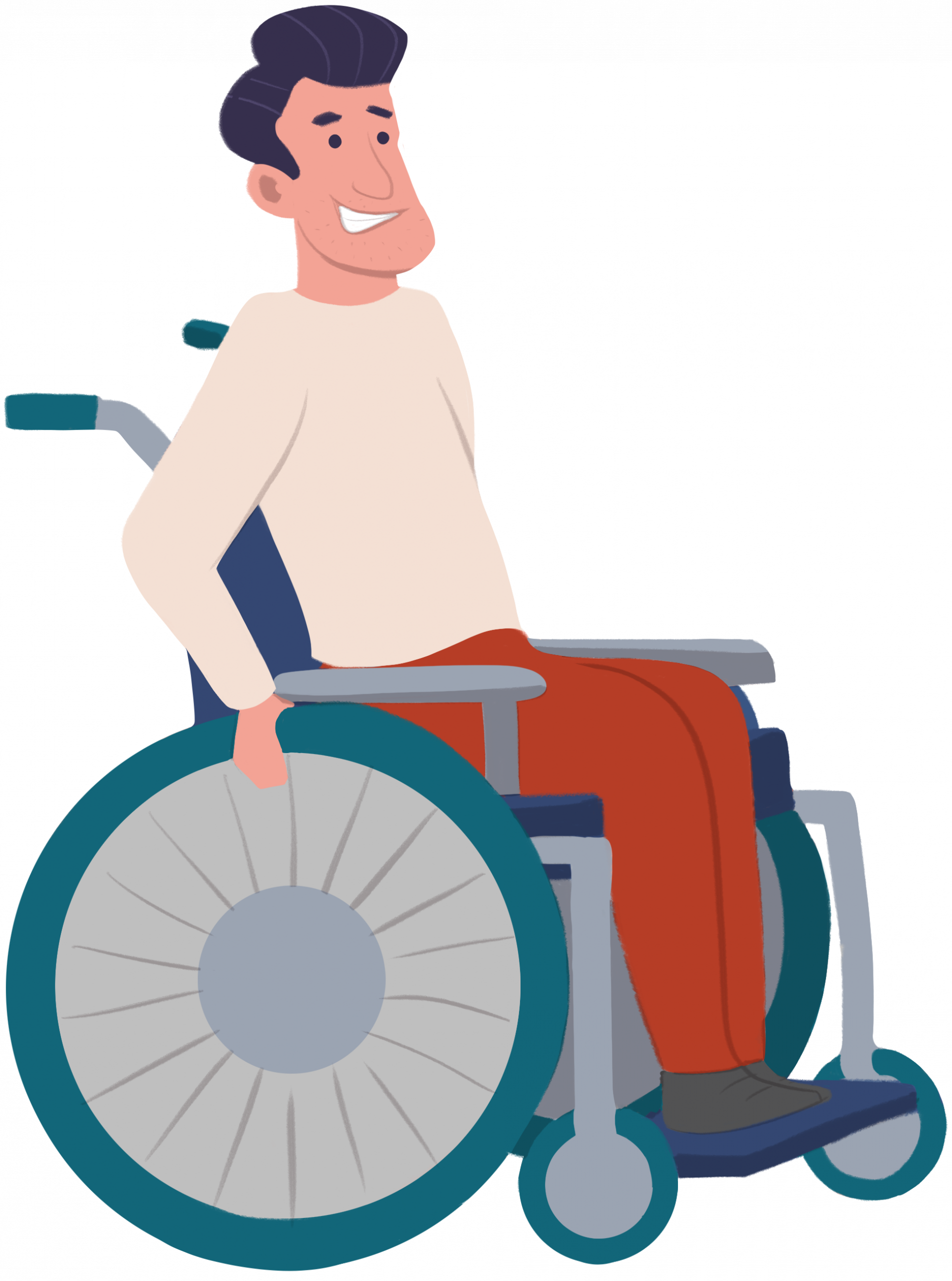 Uśmiechnięty mężczyzna siedzący na wózku inwalidzkim, przedstawiony w stylu ilustracyjnym.