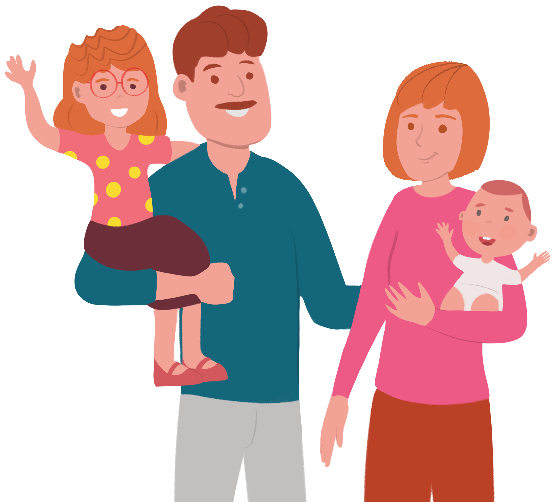 grafika rodziny: tata trzyma dziewczynkę, a mama dzidziusia