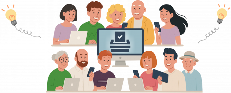 Ilustracja przedstawiająca grupę osób korzystających z urządzeń elektronicznych (telefonów, tabletu i laptopa), symbolizująca elektroniczne składanie wniosków lub głosowanie online.