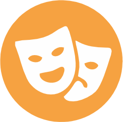 Symbol charakteru kulturalnego zadania - dwie maski teatralne w pomarańczowym kółku
