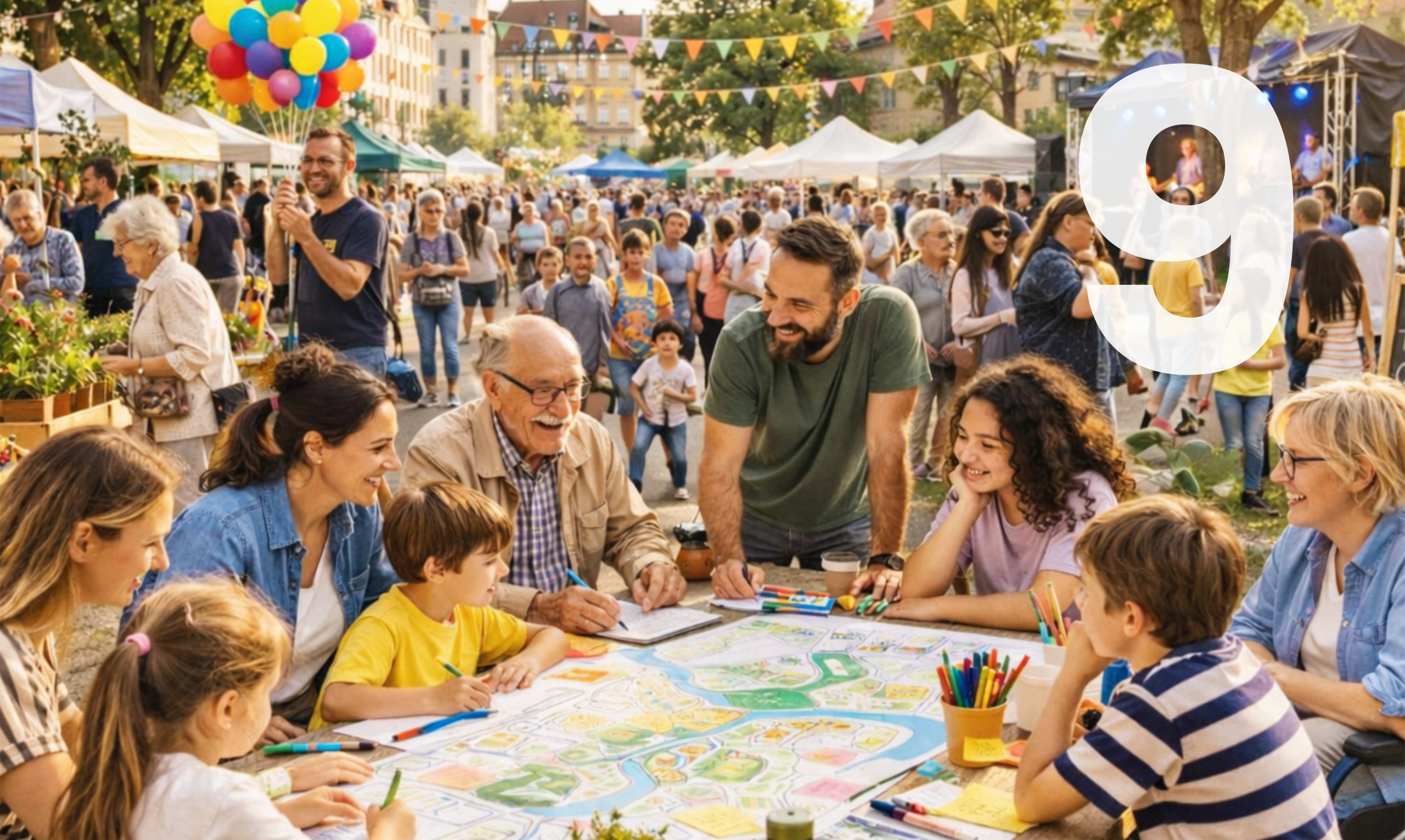 Grupa ludzi w różnym wieku na wydarzeniu lokalnym ogląda mape