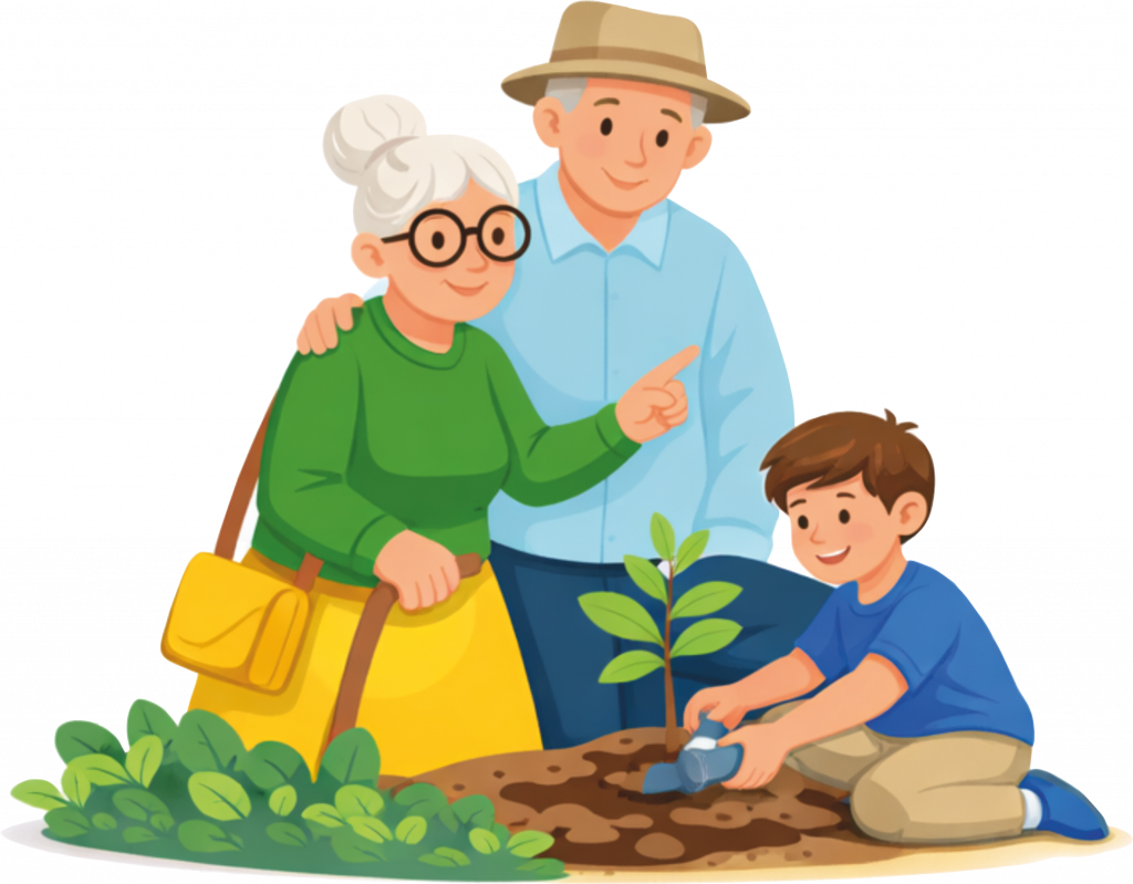 Dziadek i babcia patrzą na wnuka, który sadzi drzewko