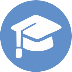 Ikona niebieska z symbolem edukacji - czapką studenta
