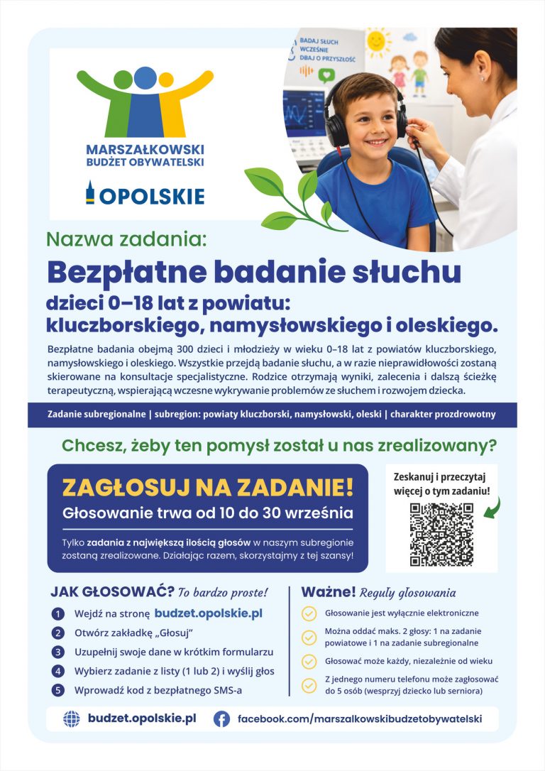 Plakat – Bezpłatne Badanie Słuchu Dzieci 0–18 Lat Z Powiatu Kluczborskiego, Namysłowskiego I Oleskiego.