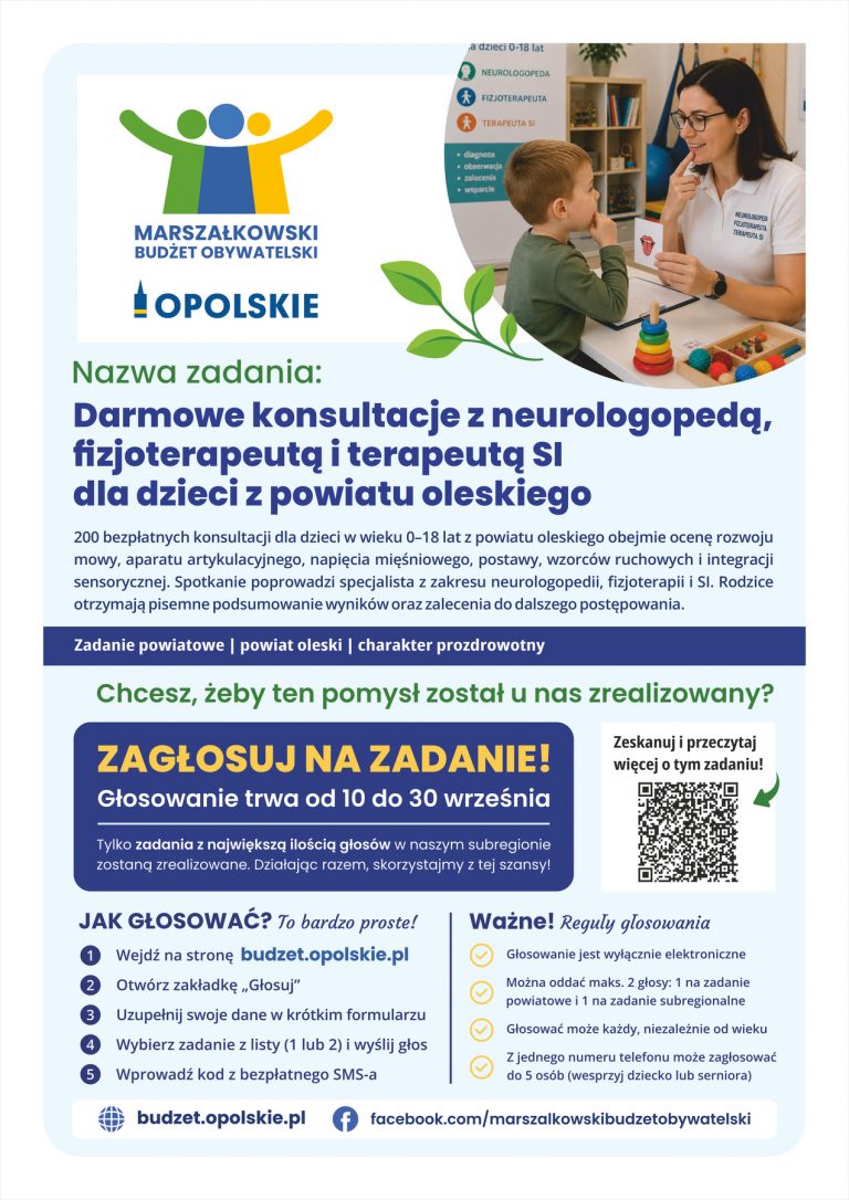 Plakat – Darmowe Konsultacje Z Neurologopedą, Fizjoterapeutą I Terapeutą SI Dla Dzieci Z Powiatu Oleskiego
