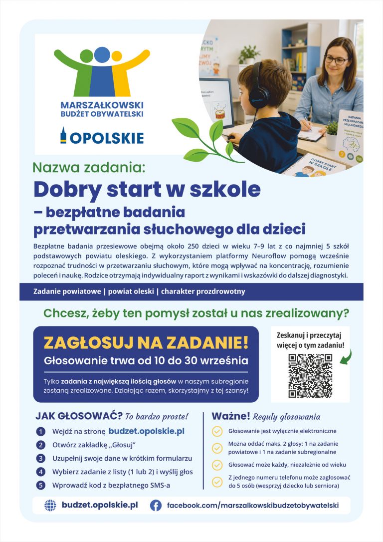 Plakat – Dobry Start W Szkole – Bezpłatne Badania Przetwarzania Słuchowego Dla Dzieci