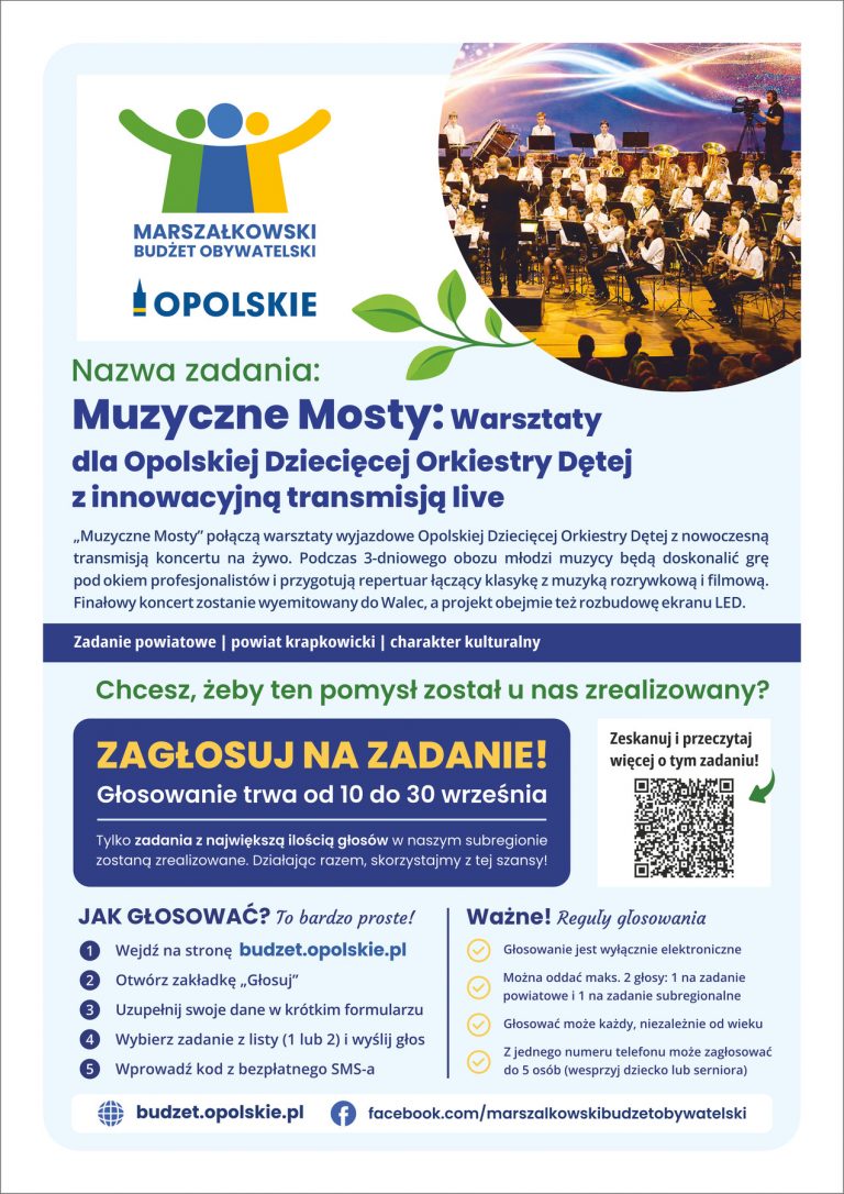 Plakat – Muzyczne Mosty Warsztaty Dla Opolskiej Dziecięcej Orkiestry Dętej Z Innowacyjną Transmisją Live