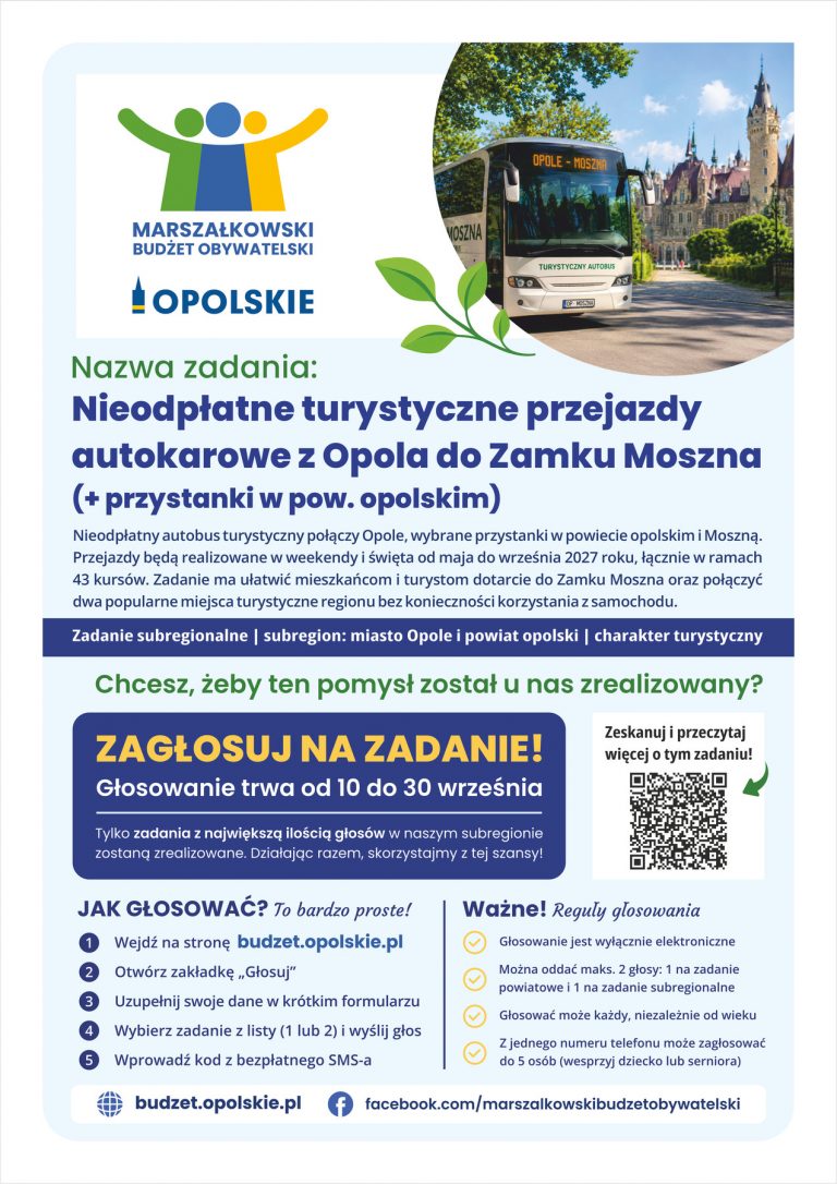 Plakat – Nieodpłatne Turystyczne Przejazdy Autokarowe Z Opola Do Zamku Moszna (+ Przystanki W Pow. Opolskim)