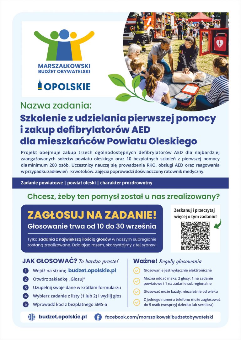 Plakat – Szkolenie Z Udzielania Pierwszej Pomocy I Zakup Defibrylatorów AED Dla Mieszkańców Powiatu Oleskiego