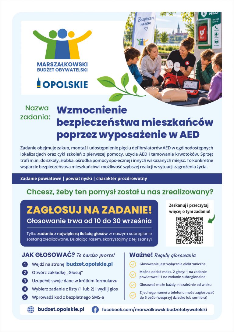 Plakat – Wzmocnienie Bezpieczeństwa Mieszkańców Poprzez Wyposażenie W AED Brzeski