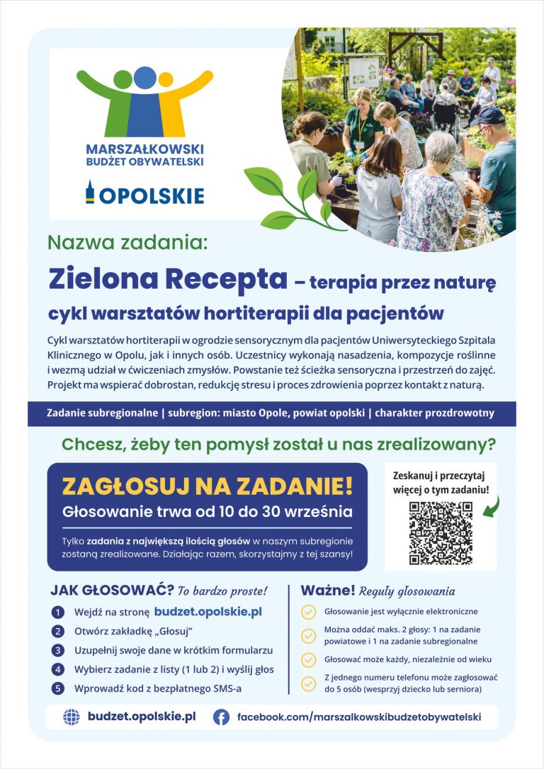 Plakat – Zielona Recepta – Terapia Przez Naturę Cykl Warsztatów Hortiterapii Dla Pacjentów.