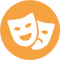 Symbol charakteru kulturalnego zadania - dwie maski teatralne w pomarańczowym kółku